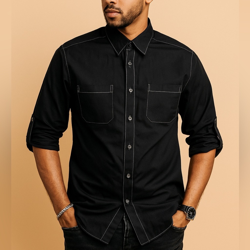 Vintage Men’s Grunge Black Casual Button-Down Shirt